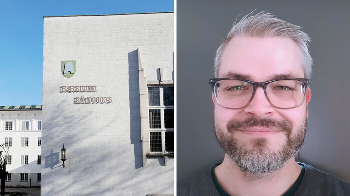 Bilde viser Bærum rådhus og David Ellinggard