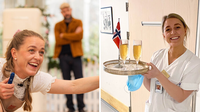 Bildene viser Marte Nymo Østgaard i Bakemesterskapet og som jordmor.