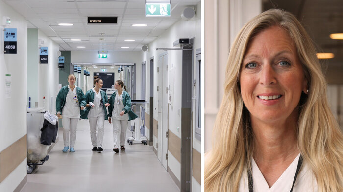 Bildet viser helsepersonell på sykehus og forsker Anne Karine Østbye Roos.