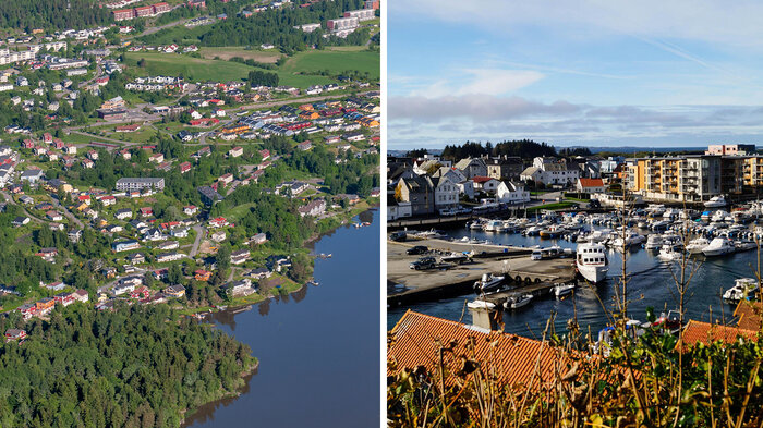 Rælingen på Nedre Romerike (t. v.) og Haugesund