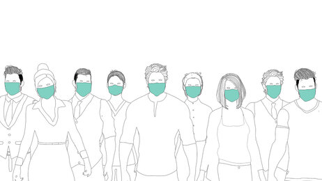 Helsepersonell med masker Bildet viser en tegning av helsepersonell i front med masker