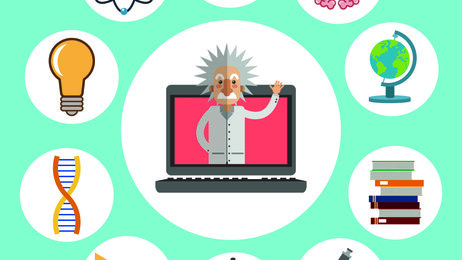 Einstein og vitenskapen Illustrasjonen viser Einstein i midten av en sirkel av vitenskapelige symboler