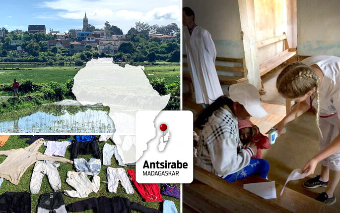 Montasjen viser dagligsituasjoner fra Antsirabe, Madagaskar samt en sykepleier som hjelper ei jente. På midten er det en montasje av et kart over Afrika og Madagaskar