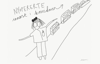 Bildet viser en tegning av en sykepleier i sykehuskorridoren