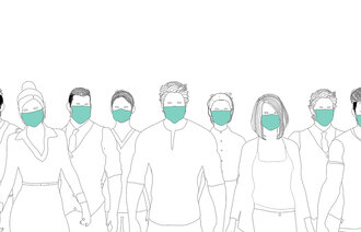 Bildet viser en tegning av helsepersonell i front med masker