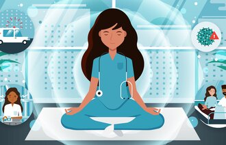 Illustrasjonen viser en sykepleier som sitter i yogastilling. Rundt henne ses elementer av stress, som koronaviruset, en ulende sykebil m.m.