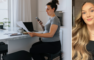 Bildet er en kollasj av to bilder. Det ene er et bilde av en gravid kvinne som sitter på en stol og ser på mobilen. Det andre bildet er av forsker jordmor Marthe Katrin Sarre