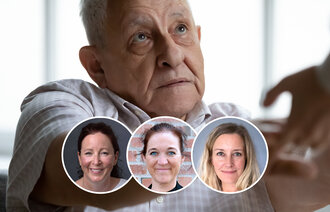 Bilde viser en eldre mann som ser og strekker hender mot en person