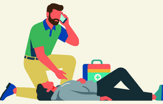 Illustrasjonen viser en mann som sitter på huk foran en som ligger på bakken på ryggen. Mannen på huk ringer i mobiltelefonen