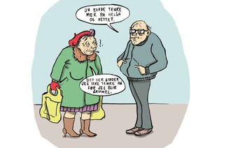 Tegning av to eldre personer som møtes på gata.