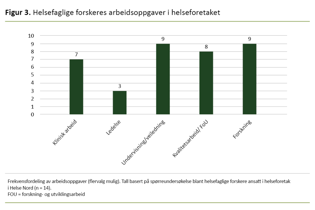 Figur 3. Helsefaglige forskeres arbeidsoppgaver i helseforetaket