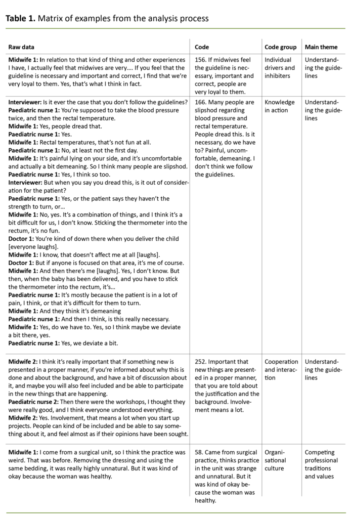 Table 1. Matrix of examples from the analysis process 