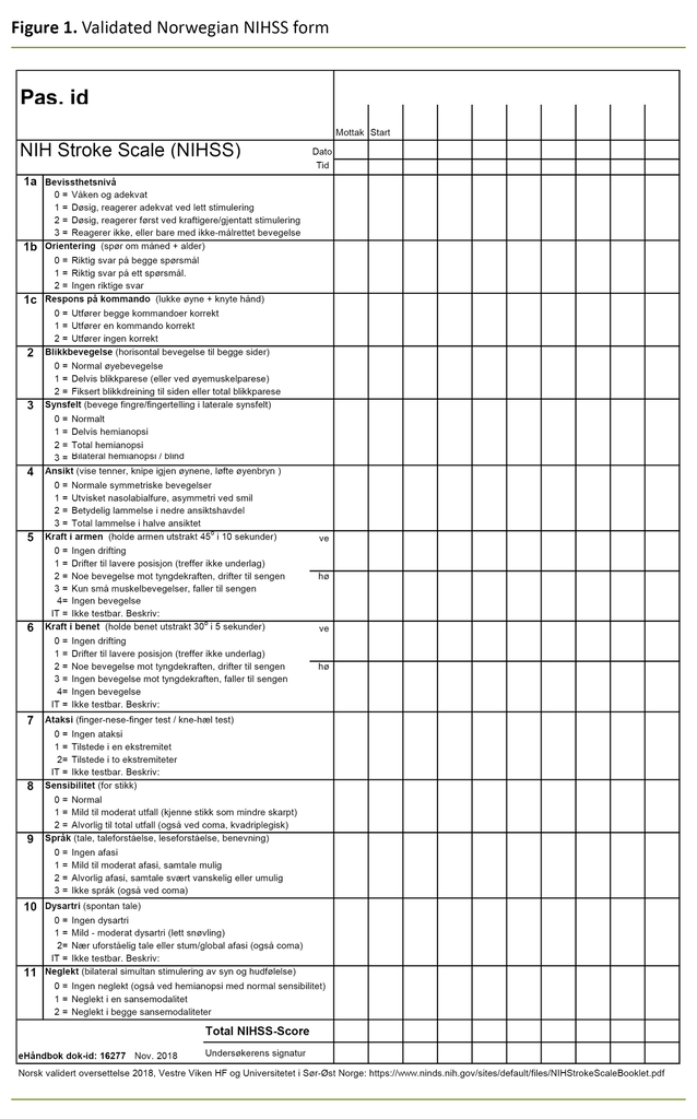 Figure 1. Validated Norwegian NIHSS form Figure 1. Validated Norwegian NIHSS form
