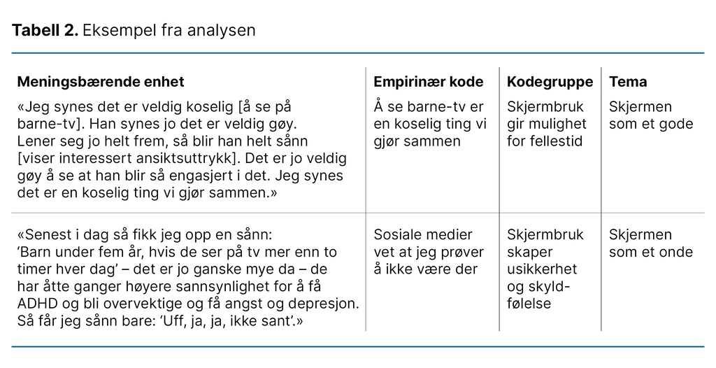 Tabell 2. Eksempel fra analysen