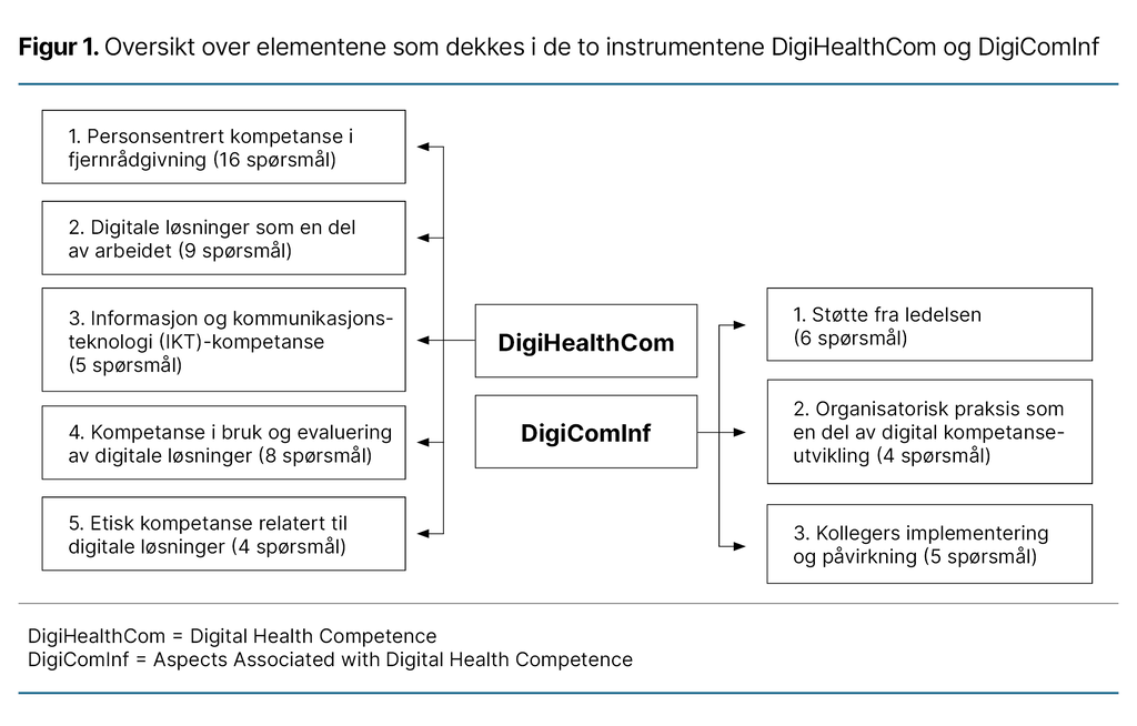 Figur 1. Oversikt over elementene som dekkes i de to instrumentene DigiHealthCom og DigiComInf Figur 1. Oversikt over elementene som dekkes i de to instrumentene DigiHealthCom og DigiComInf