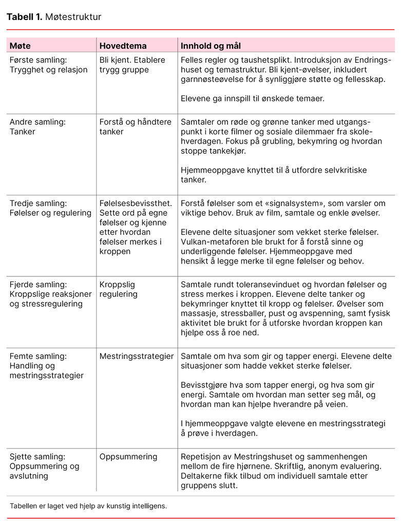 Tabell 1. Møtestruktur