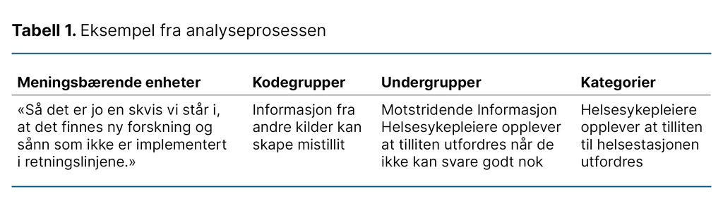Tabell 1. Eksempel fra analyseprosessen