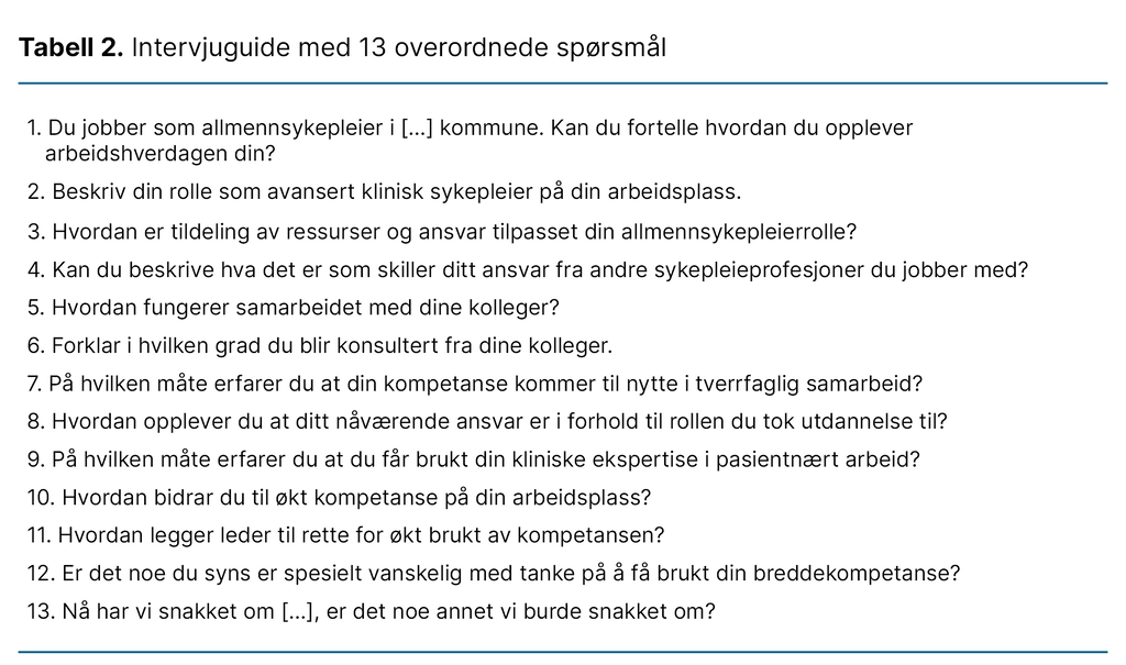 Tabell 2. Intervjuguide med 13 overordnede spørsmål Tabell 2. Intervjuguide med 13 overordnede spørsmål