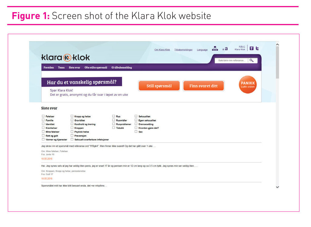Picture shows the webpage Klara Klok. Nettside, Klara Klok