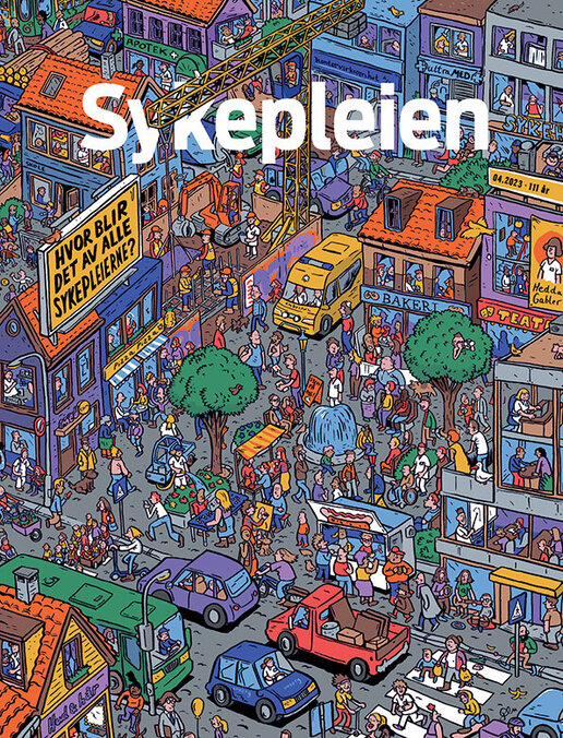 Illustrasjon av et bysentrum, med mange mennesker. Sykepleierne er hvit kledd.
