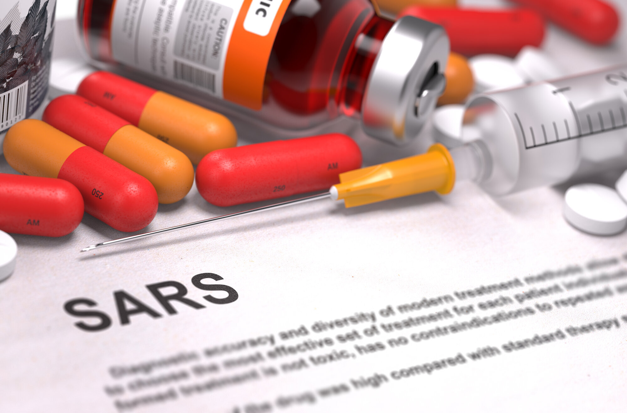 Virus Bilde av piller, sprøyte og informasjonsskriv om sars
