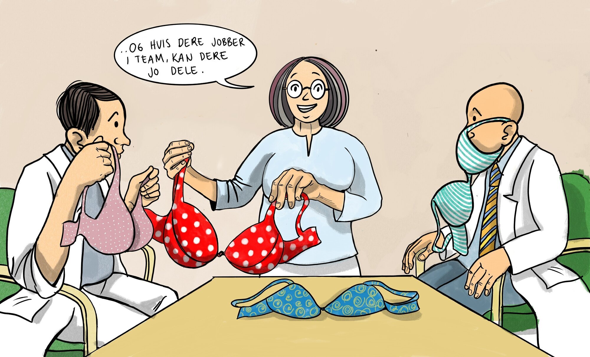 Smittevernutstyr Illustrasjonen viser helsearbeidere som må bruke en BH som ansiktsmaske. Hun ene sier: "Og hvis dere jobber i team, kan dere jo dele."