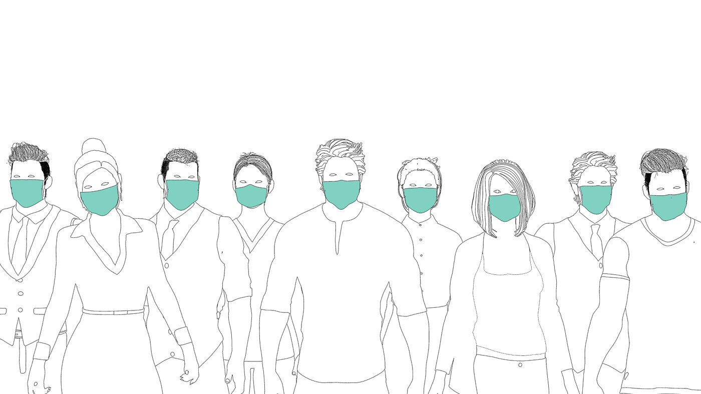 Helsepersonell med masker Bildet viser en tegning av helsepersonell i front med masker