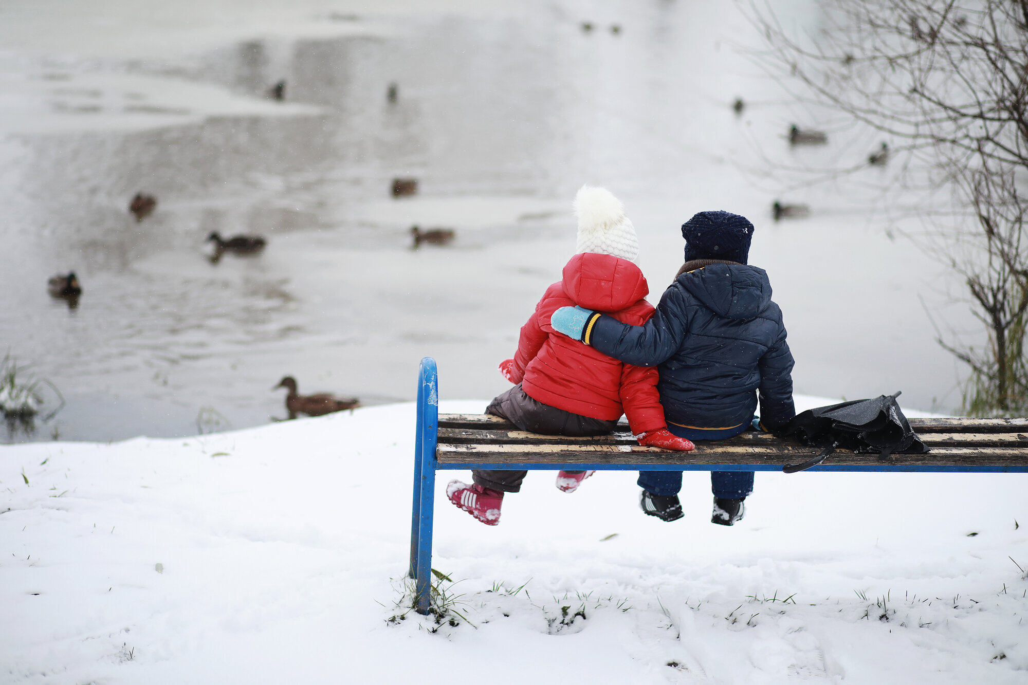 Barn på benk i parken Bildet viser to barn som sitter på en benk og ser på et vann med ender på
