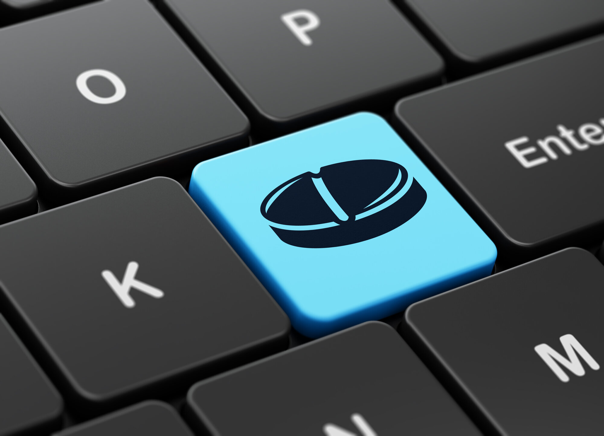 Tastatur, legemiddel Bildet viser et tastatur der en av bokstavene er erstattet med en pille.