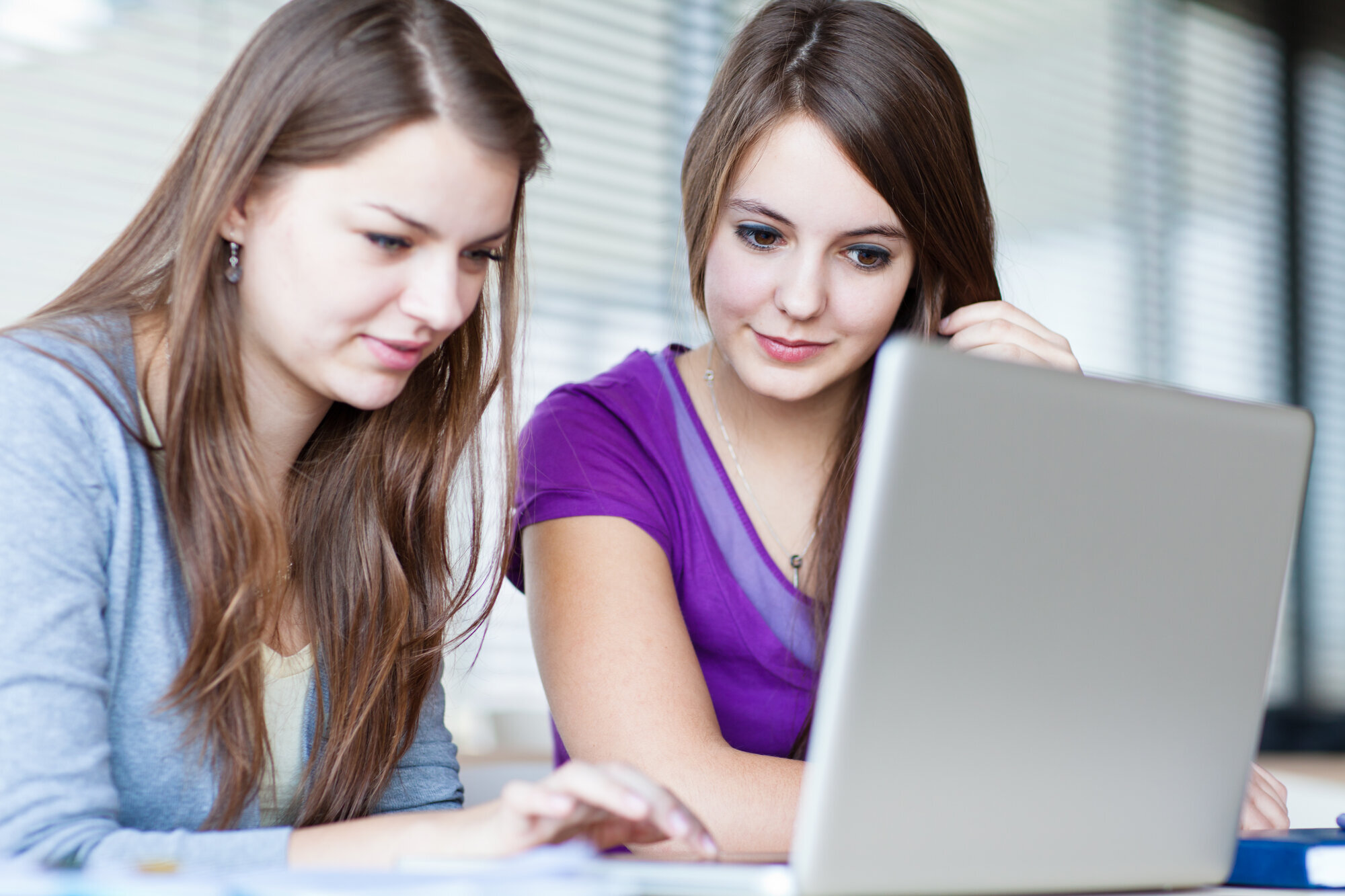 To studenter Bildet viser to kvinnelige studenter som ser inn i en pc-skjerm.