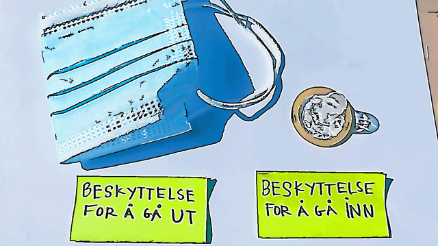 Bildet viser et munnbind og en kondom Bildet viser et munnbind og en kondom