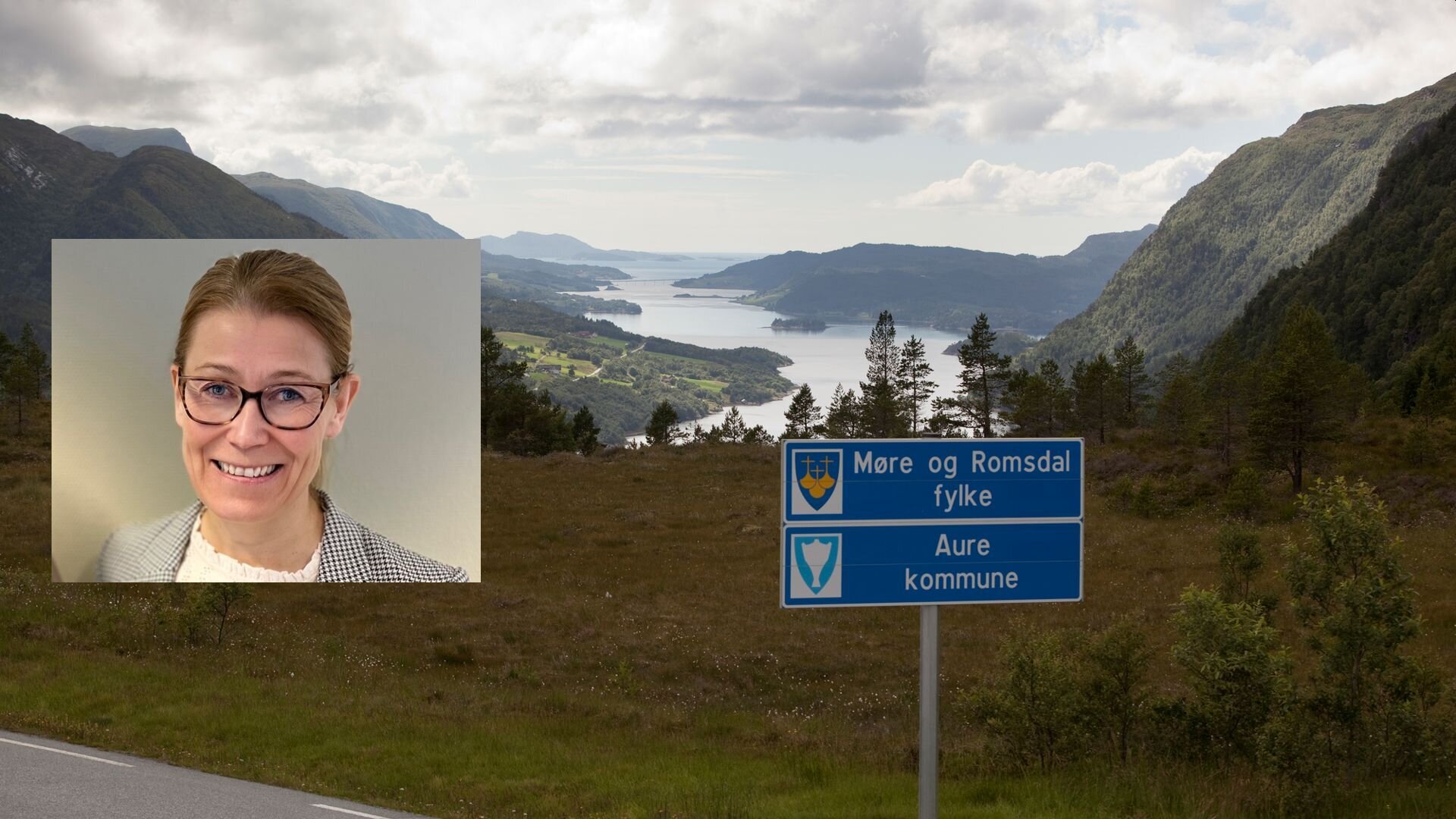 Bildet viser fylkesleder i Møre og Romsdal, Trine Bruseth Sevaldsen, og oversiktsbilde av Aure kommune Bildet viser fylkesleder i Møre og Romsdal, Trine Bruseth Sevaldsen, og oversiktsbilde av Aure kommune