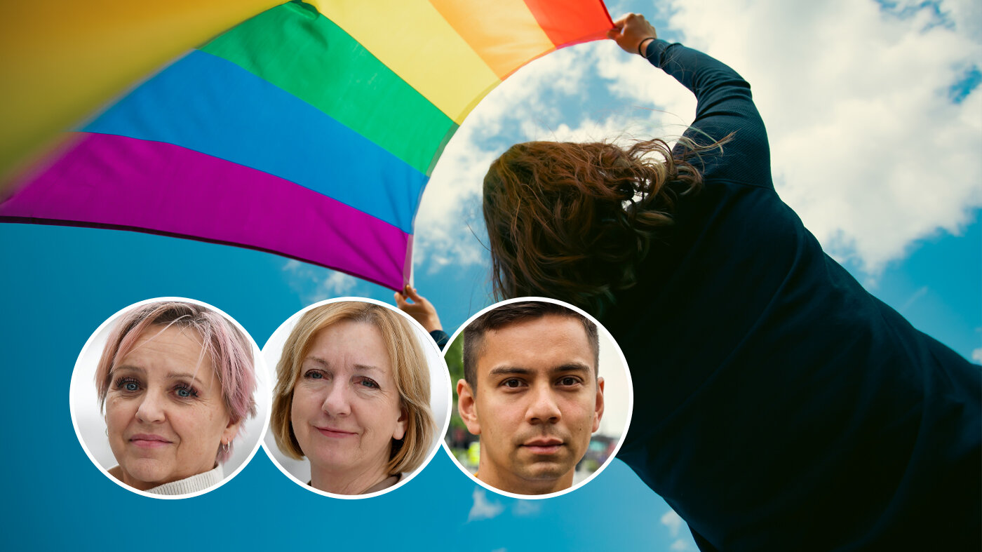 Bildet viser en kvinne som holder et pride-flagg