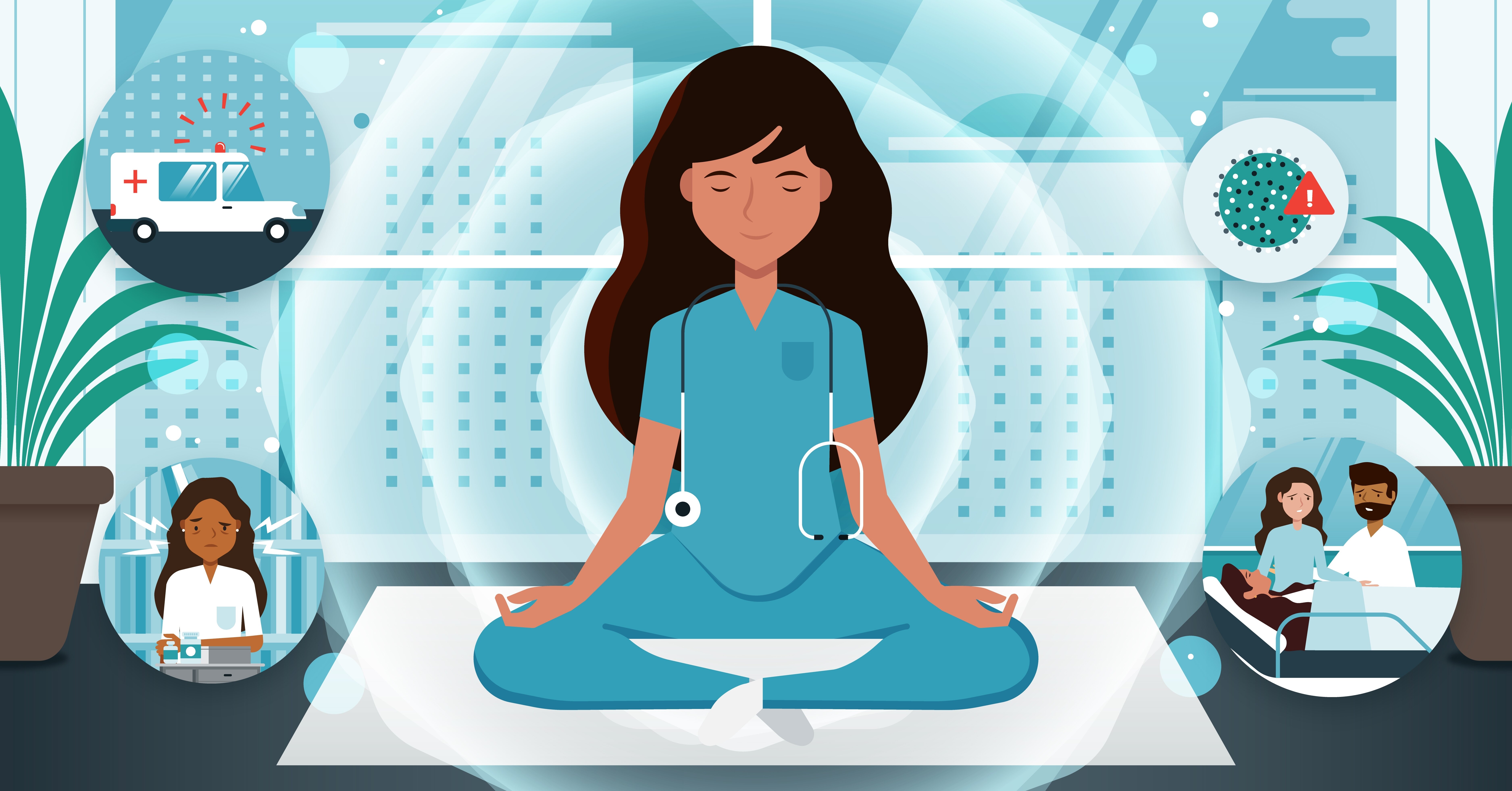 Stressmestring for sykepleier Illustrasjonen viser en sykepleier som sitter i yogastilling. Rundt henne ses elementer av stress, som koronaviruset, en ulende sykebil m.m.