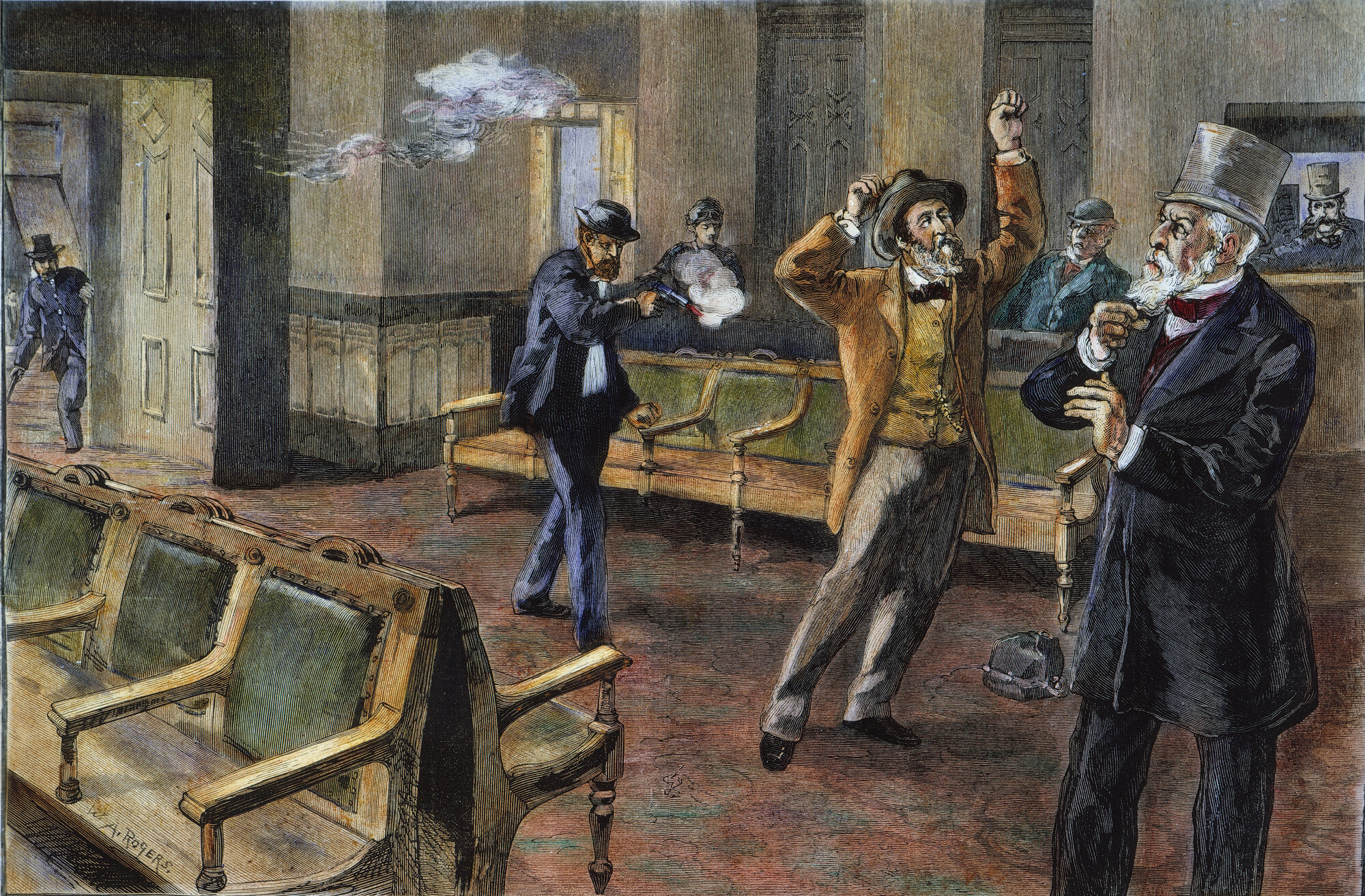 Bildet skildrer attentatet på James Garfield i 1881.