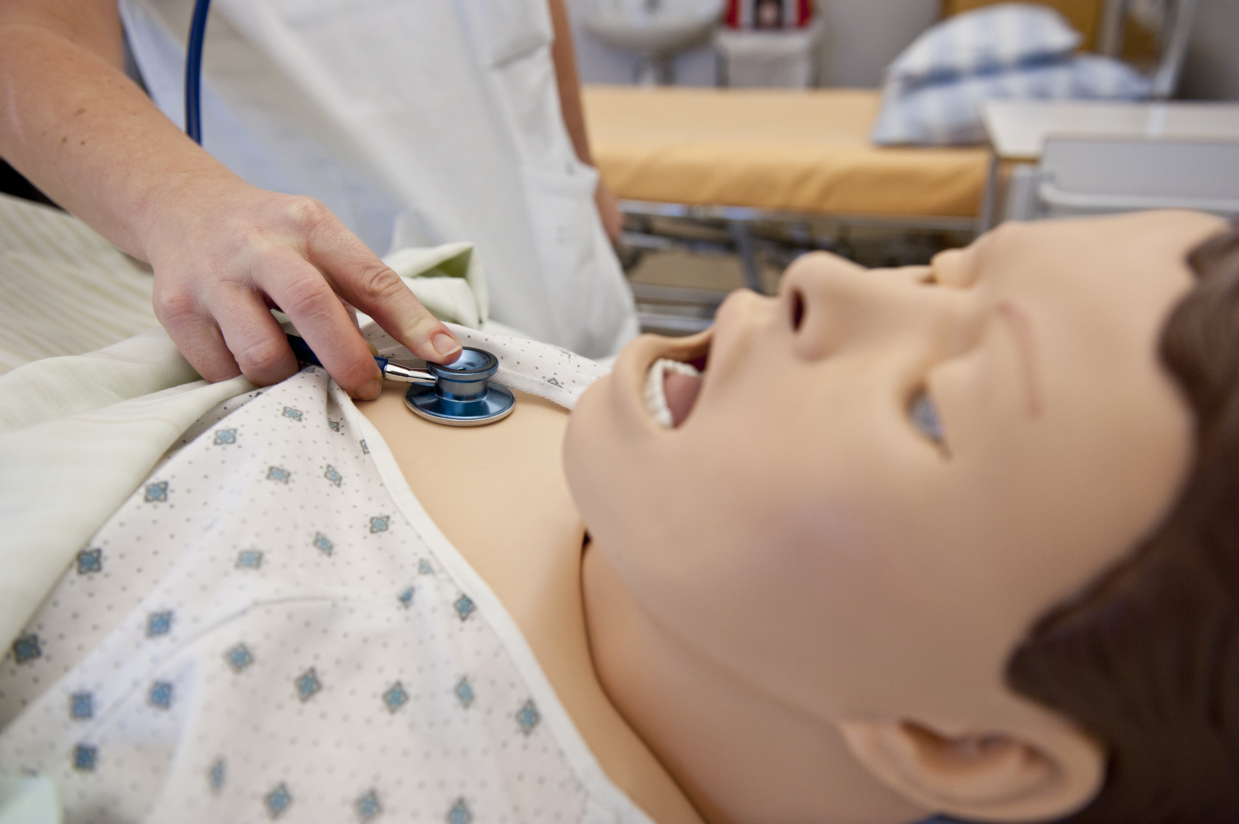 Auscultation on a simulation mannequin The photo shows a hand holding a stethoscope against the chest of a simulation mannequin