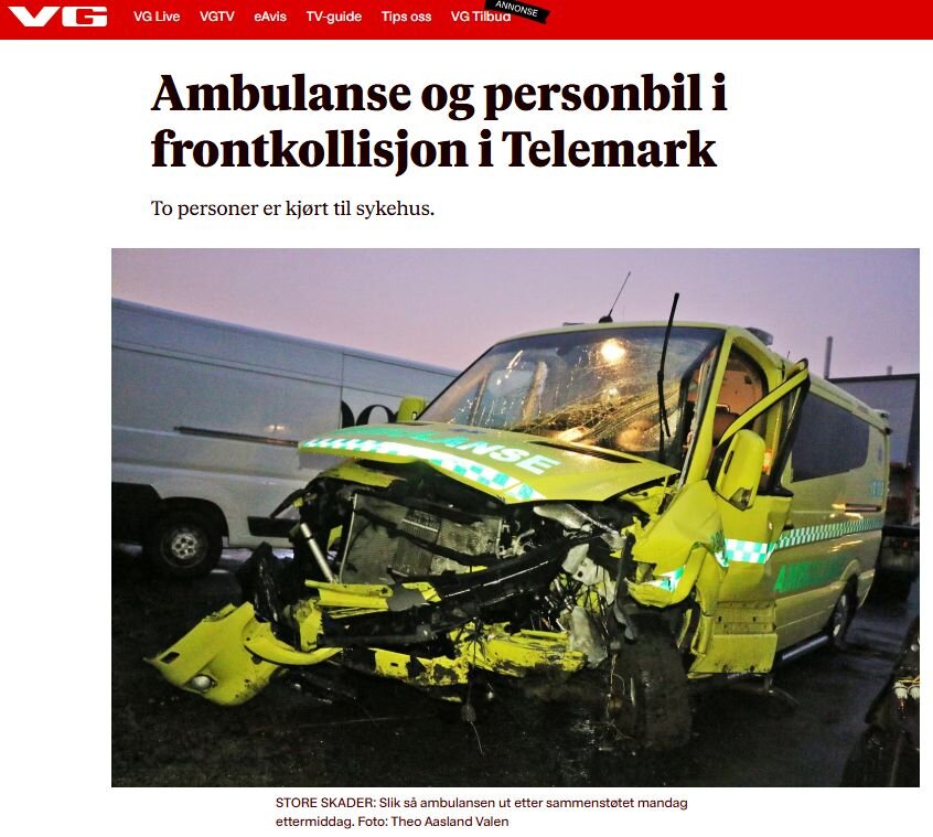 Bildet viser en skjermdump fra VG av ambulansen fra ulykken