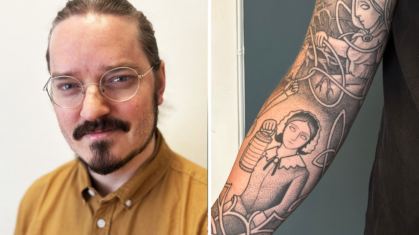 Bildet viser et portrett av Benjamin Grindstein Lien og et bilde av hans tatoverte arm
