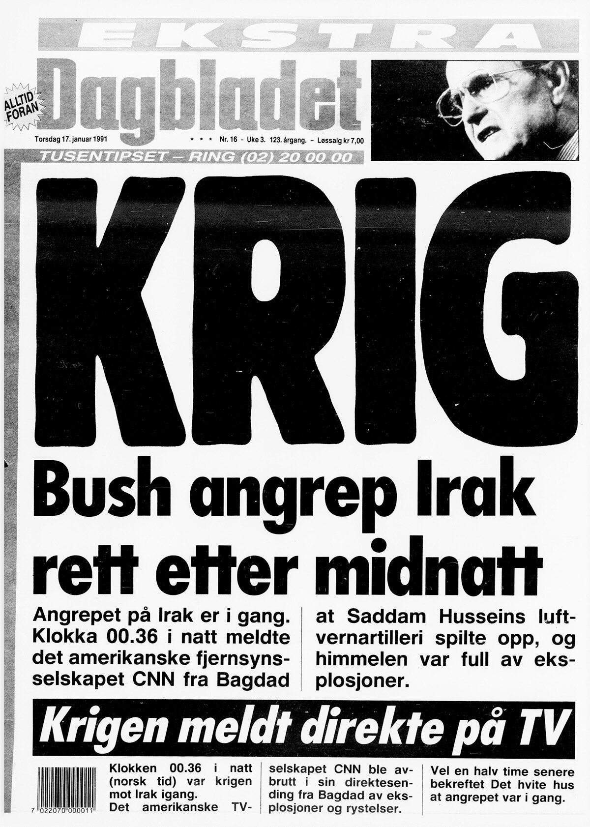 Faksimile av Dagbladets forside Krig (1991)