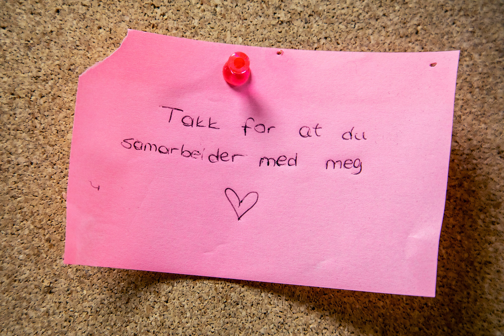Bildet viser en post-it-lapp med teksten: "Takk for at du samarbeider med med meg."
