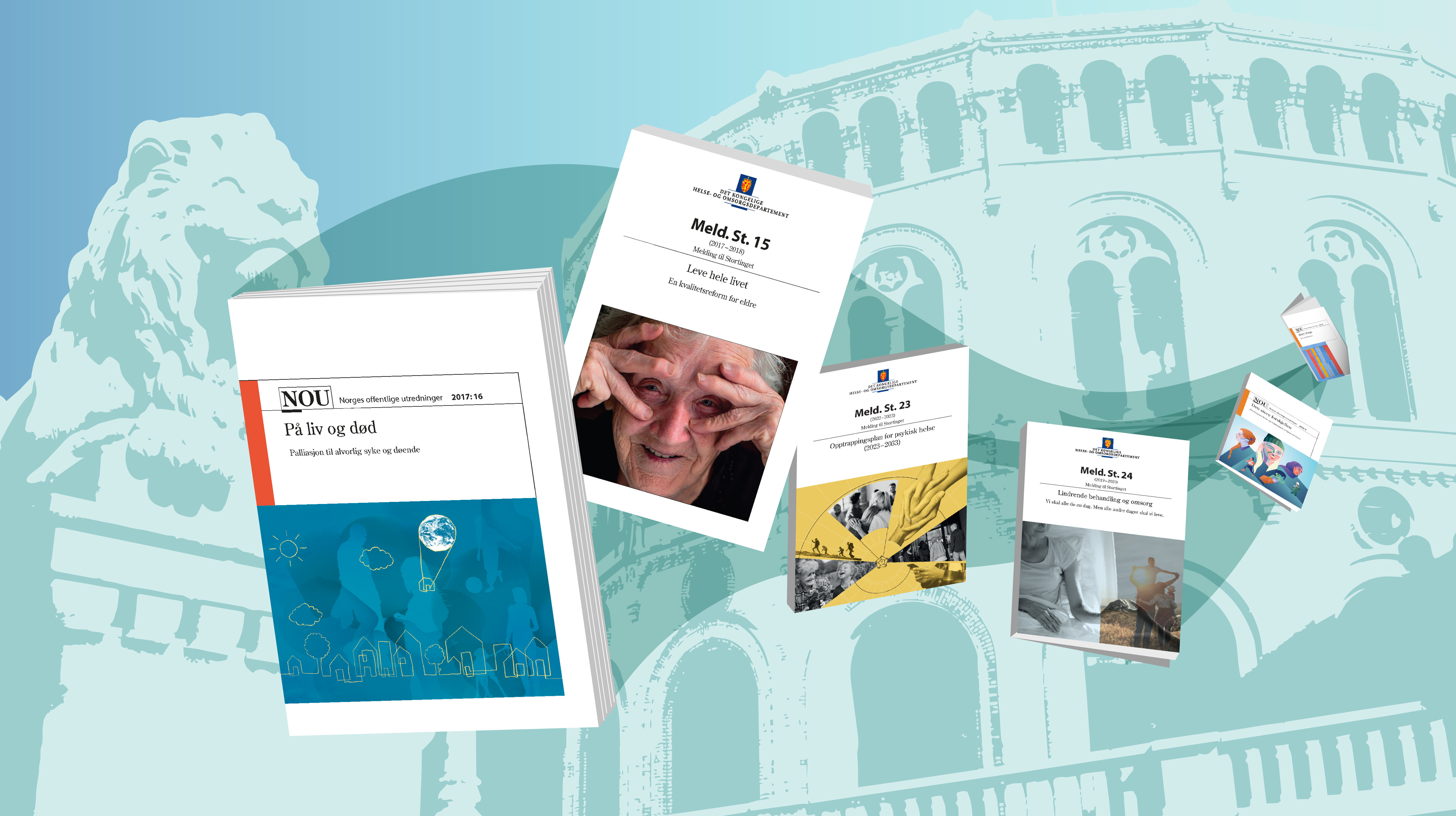 Illustrasjonen viser Stortinget i bakgrunnen, med ulike stortingsmeldinger og NOU-er som "flagrer" forbi i forgrunnen