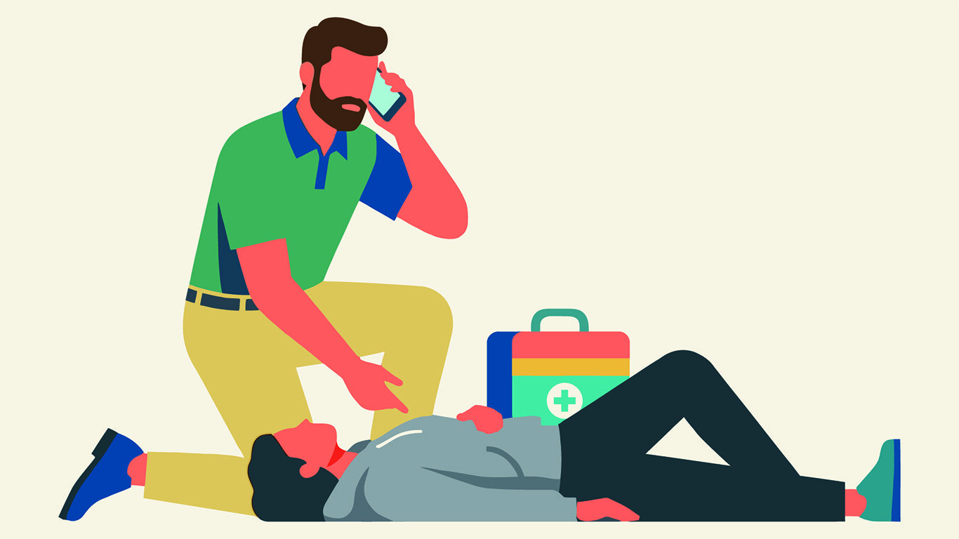 Førstehjelp Illustrasjonen viser en mann som sitter på huk foran en som ligger på bakken på ryggen. Mannen på huk ringer i mobiltelefonen