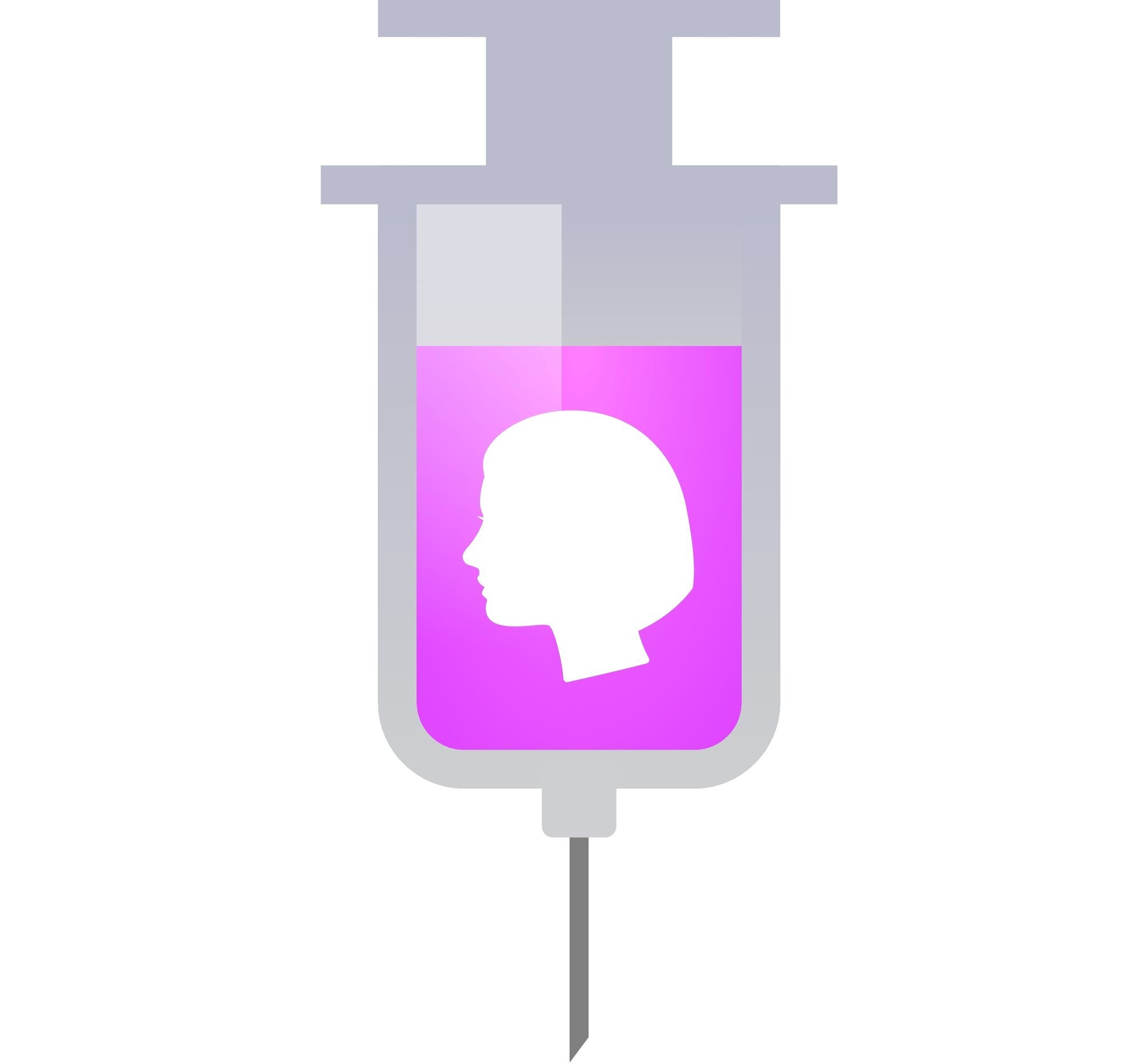 vaksine, hpv Illustrasjonen viser en sprøyte med rosa innhold og en silhuett av et kvinneansikt.