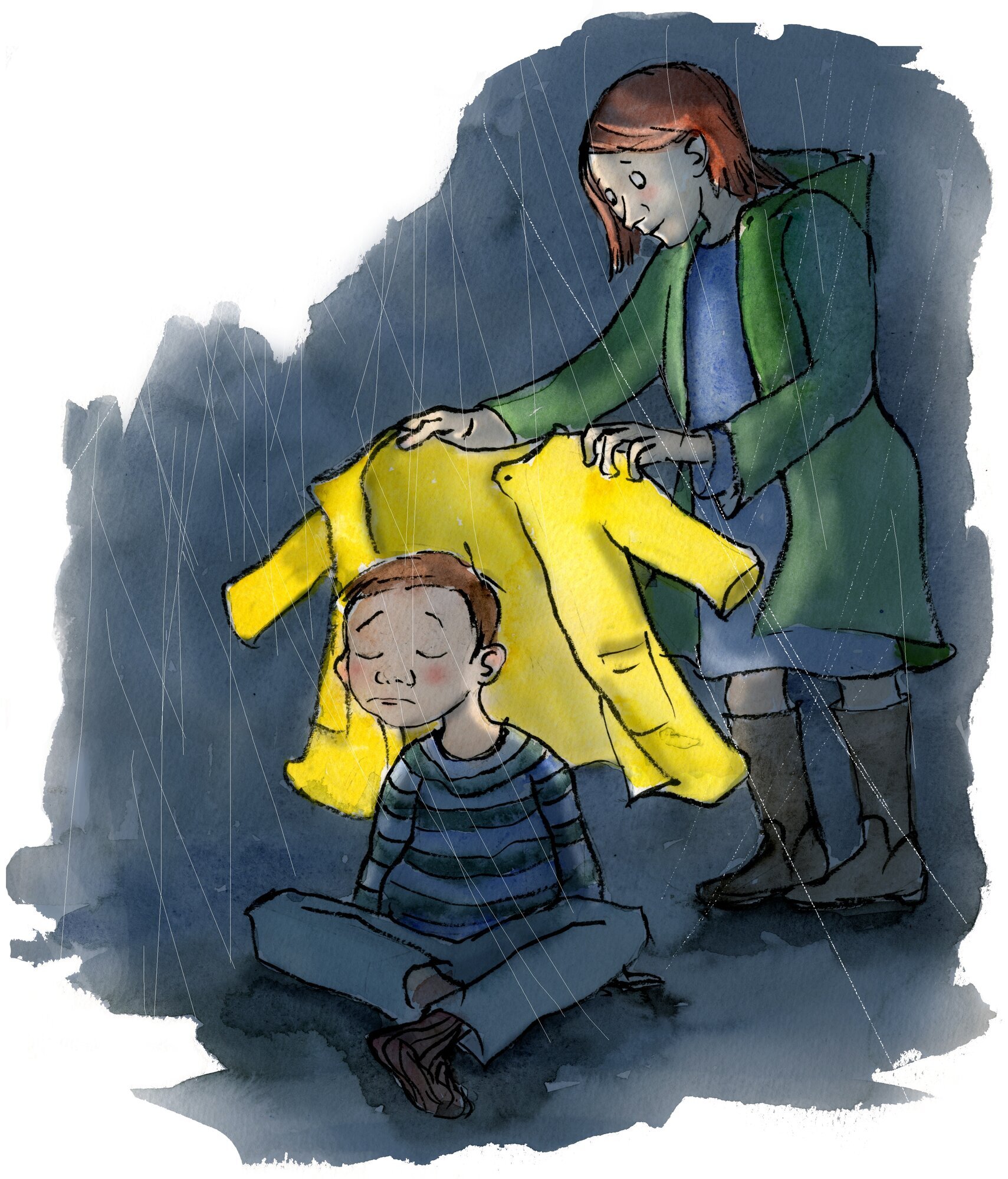 Depresjon, barn og unge, forebygging Illustrasjonen viser en trist gutt som sitter ute i regn og mørke, mens moren står bak og legger en knallgul regnjakke over skuldrende hans.