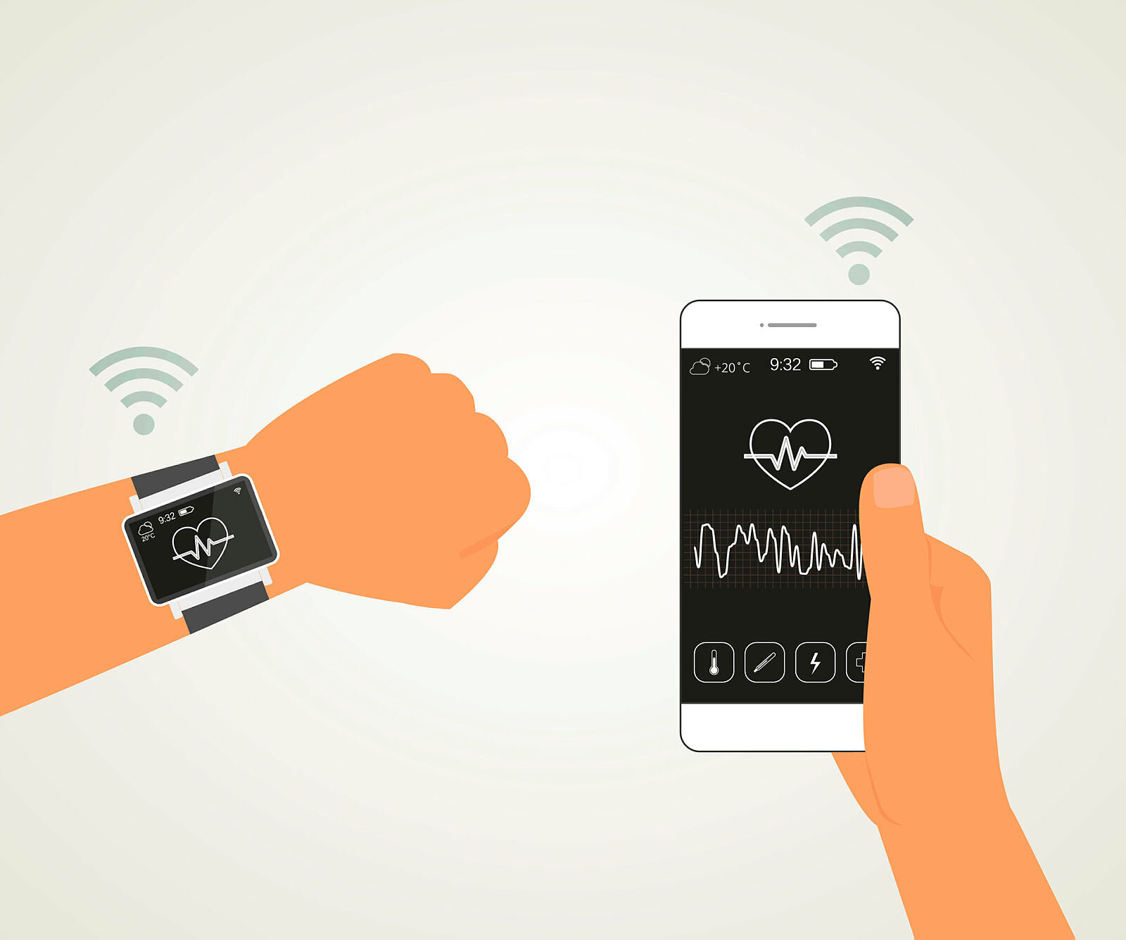 Illustrasjonen viser en smarttelefon med en helseapp som kommuniserer med et armbåndsur.