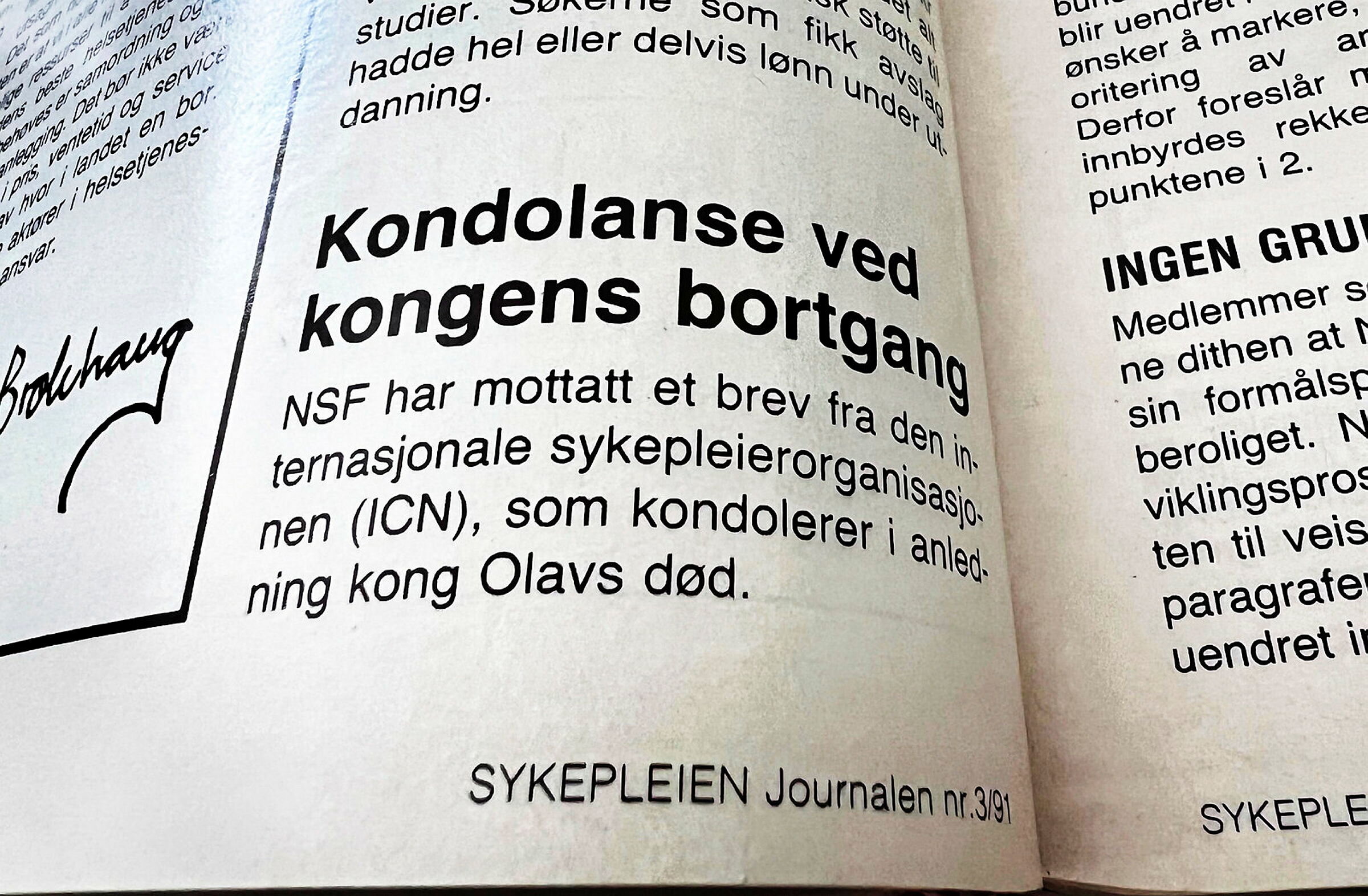 Faksimilie fra Sykepleien 3/1991: Notis om kondolanse vedrørende kong Olavs bortgang (død) fra det internasjonale sykepleierforbundet til Norsk Sykepleierforbund (NSF).