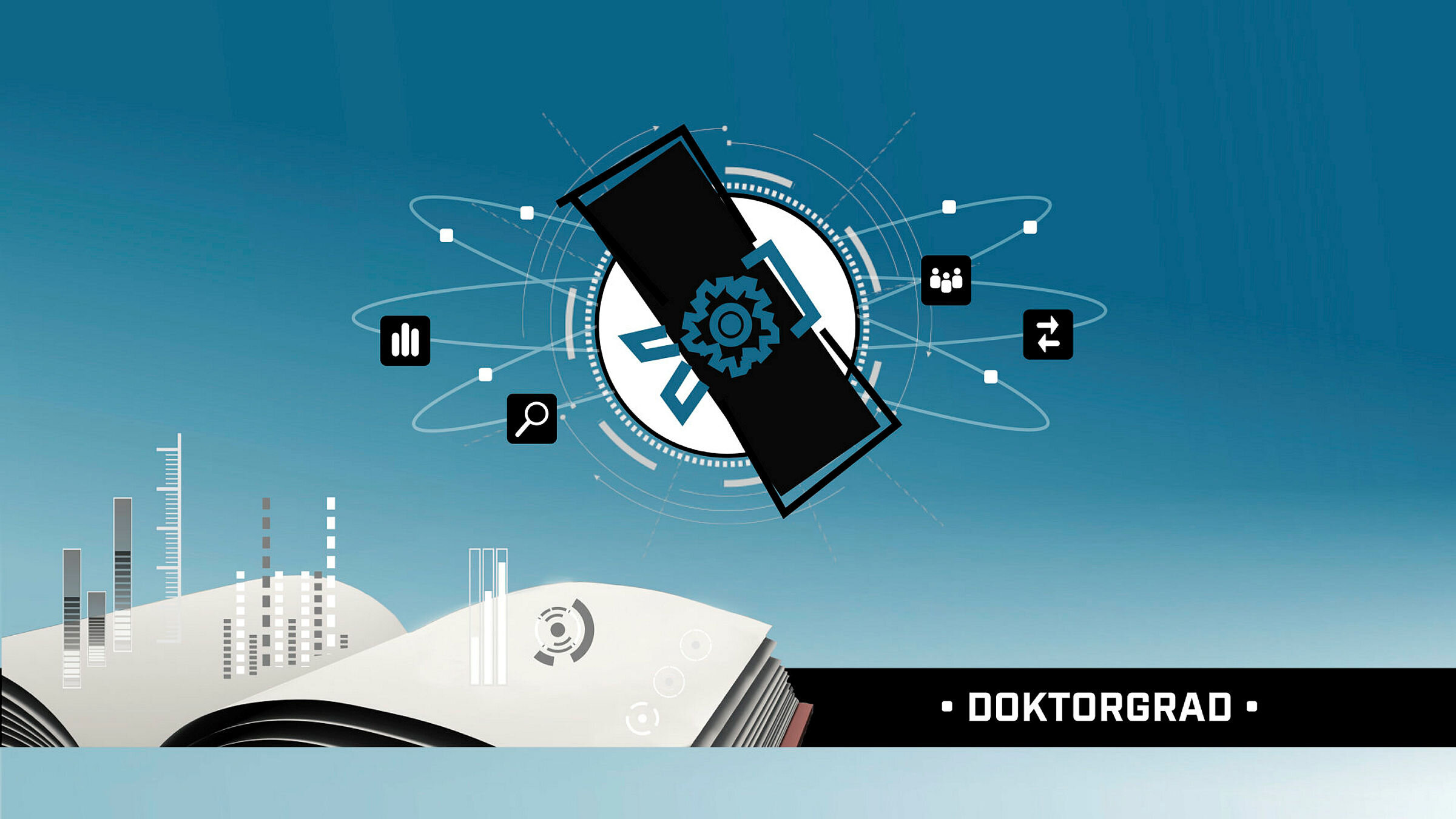 Doktorgrad Illustrasjonen viser en oppslått bok med ulike grafer som kommer ut. Over svever en klode med symboler rundt. Et diplom ligger over kloden. Nederst til høyre står teksten "Doktorgrad".