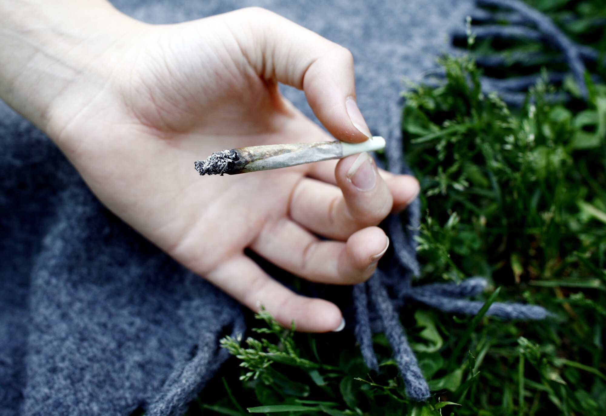 Lys hånd holder en påtent joint på et grått ullteppe i gresset
