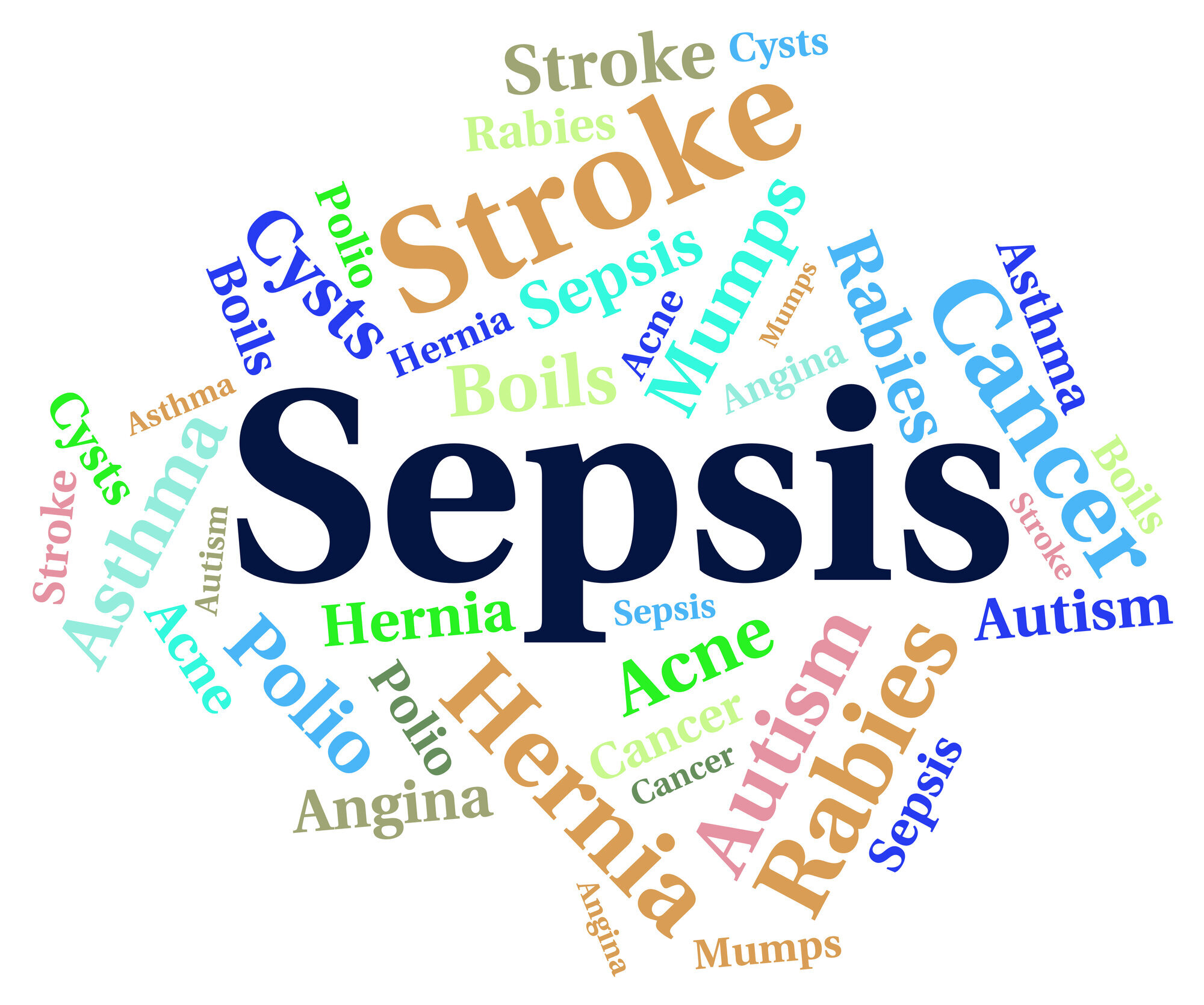 Ordsky med forskjellige sykdommer inkludert sepsis