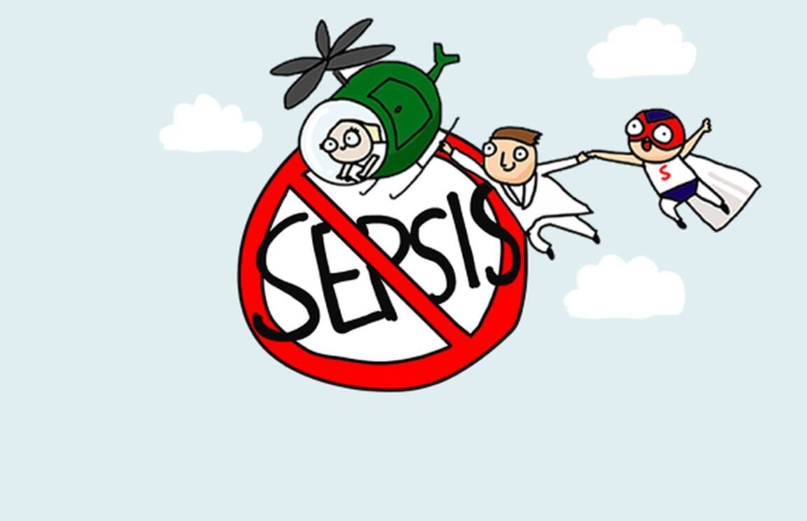 Illustrasjonen viser helsepersonell og ordet sepsis.